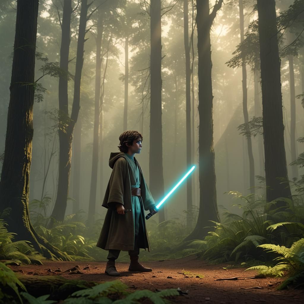 Young Jedi Apprentice Training in Misty Forest