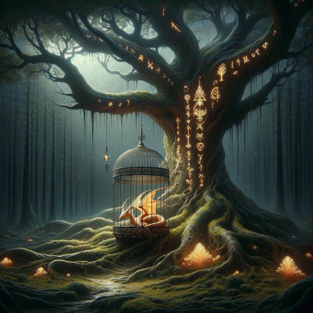 Ancient Tree Birdcage with Glowing Runes and Dragon