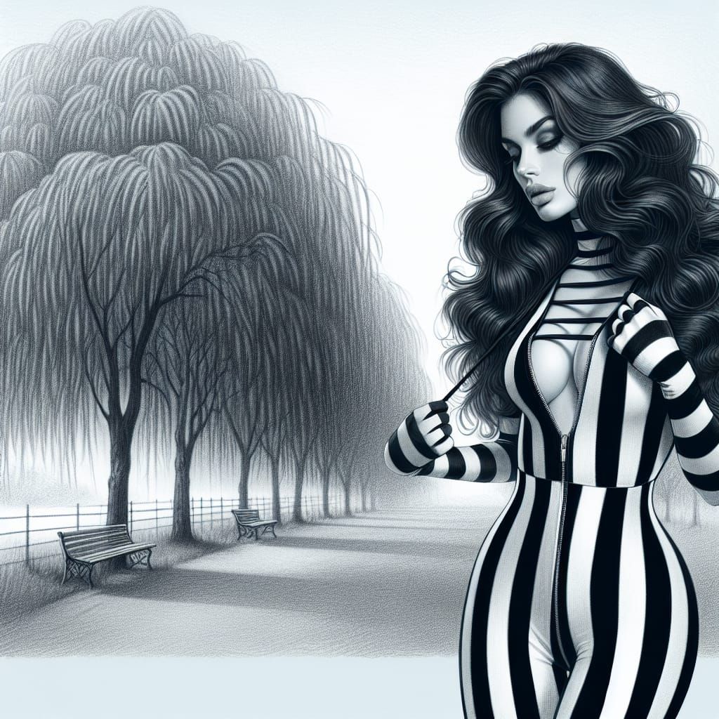 A conceptual mixed style work in black and white (a beautiful white woman in a catsuit with extremely thick bold (6 inch...