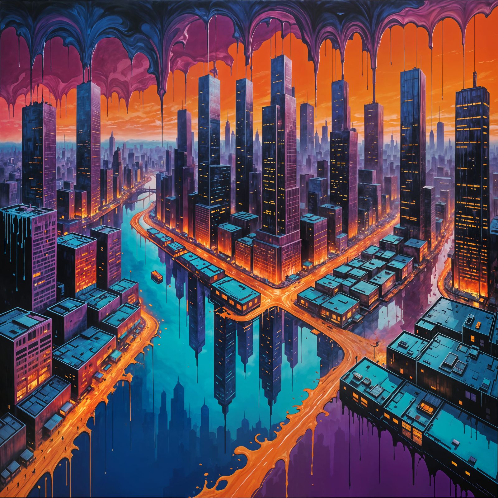 Surreal Cityscape in Liquid Paint Style