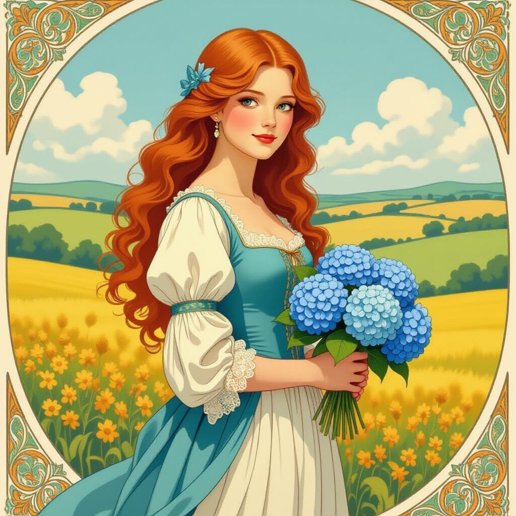 Woman with Hydrangeas in Art Nouveau Landscape