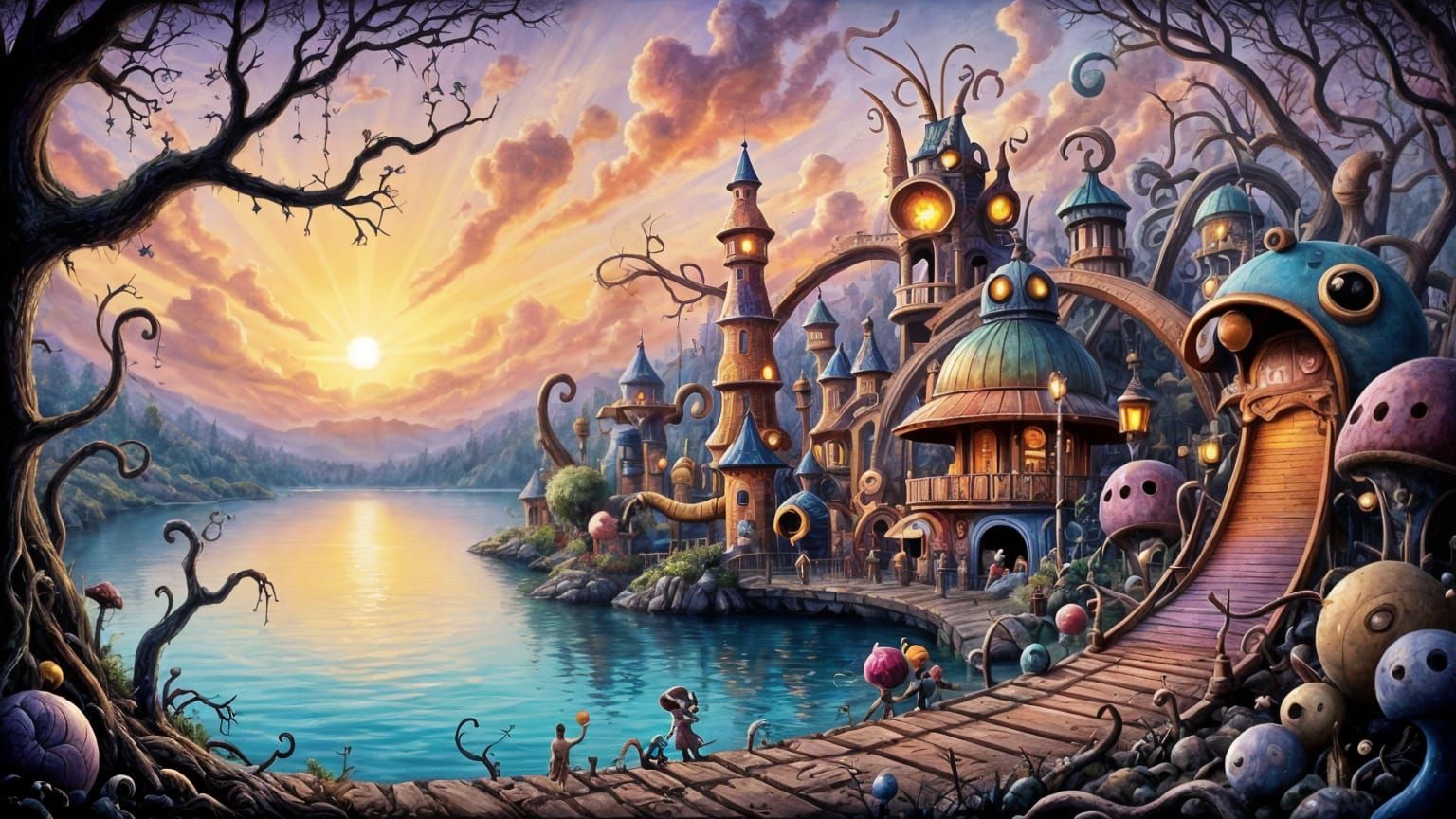 Whimsical Lake Amusement Park in Watercolor