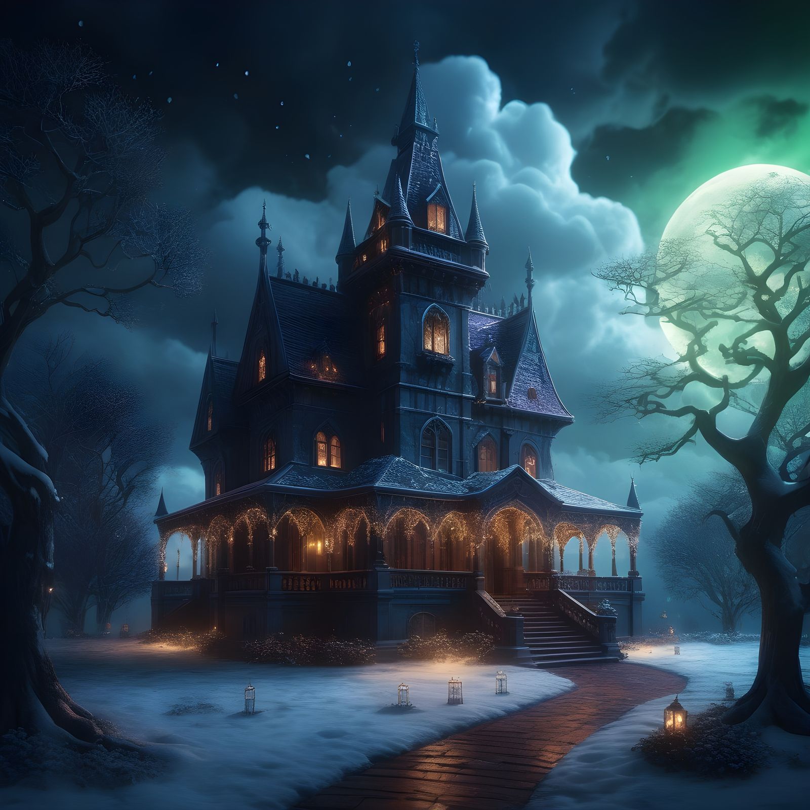 Surreal Gothic Manor Soars Above Christmas Clouds in Deep Bl...