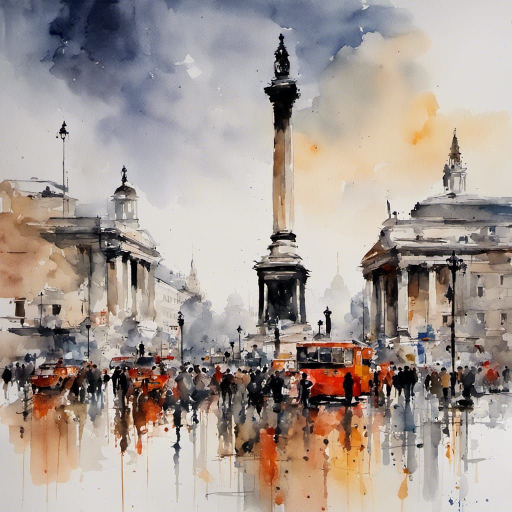 Watercolor of Trafalgar Square, London.