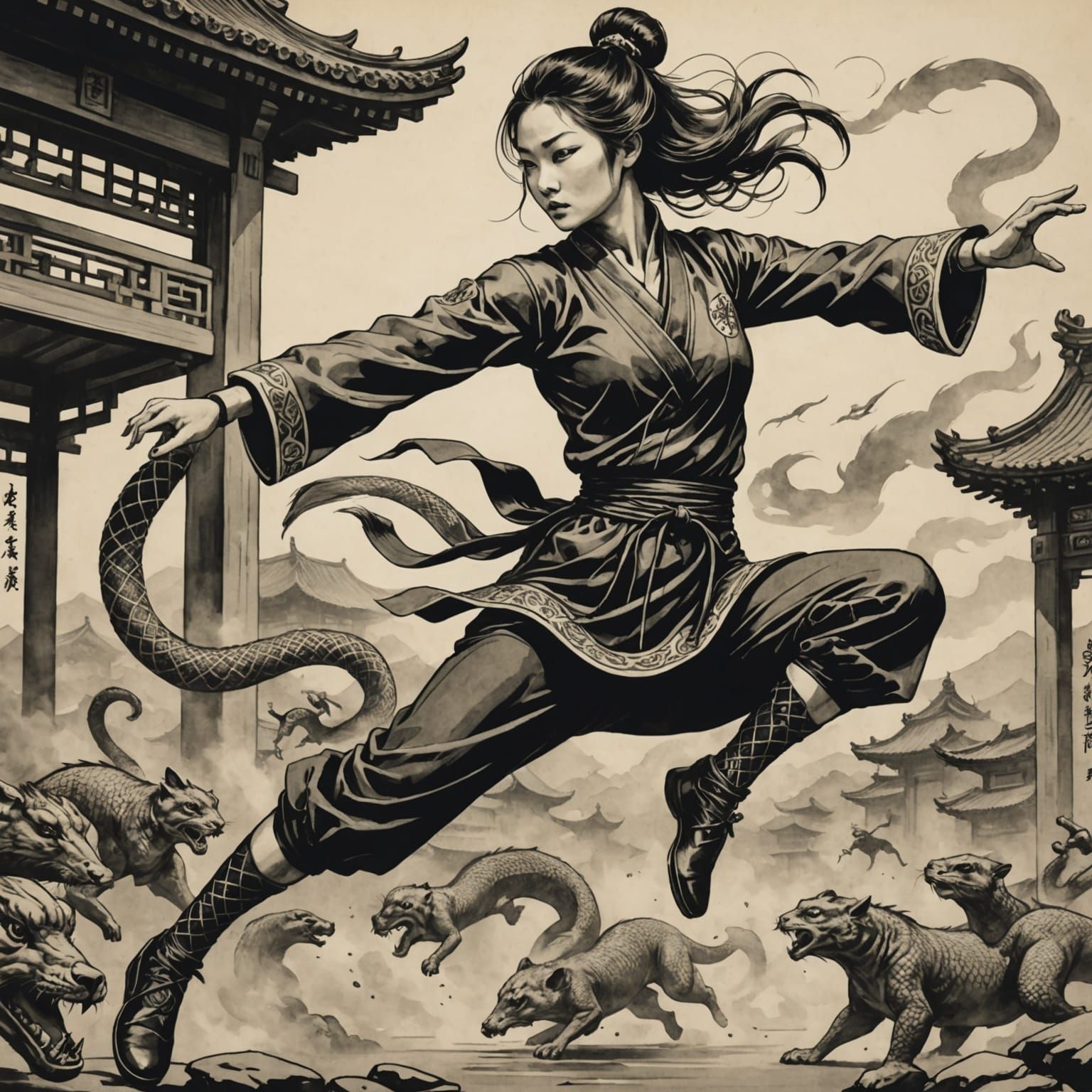 Jumping Kung Fu Dancer in Fishnets with Animal - Vintage Ani...