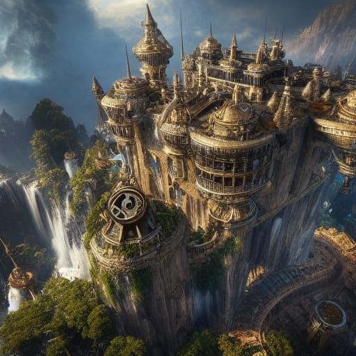 Fantasy Steampunk Geode Fortress in Digital Painting Style