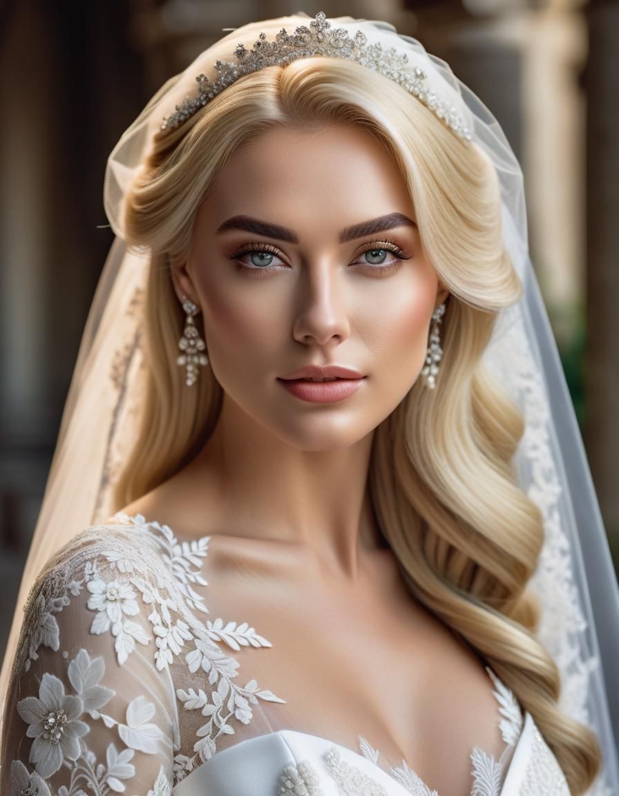 Blonde Woman in Lace Wedding Dress Portrait