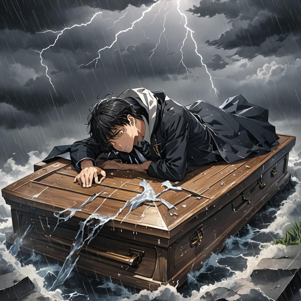 Grieving Man in Anime Style During Thunderstorm