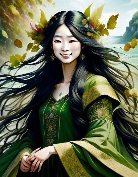 Detailed Asian Woman Portrait with Floral Adornments