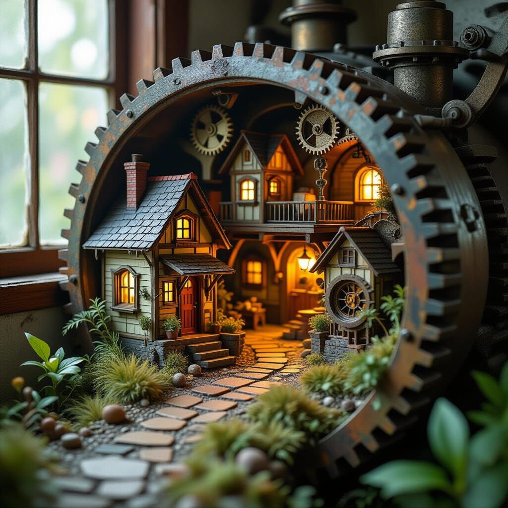 Miniature World Inside Forgotten Engine as Studio Photograph...