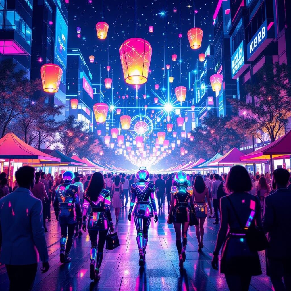 Futuristic City Celebration with Y2K Fashion and Holograms