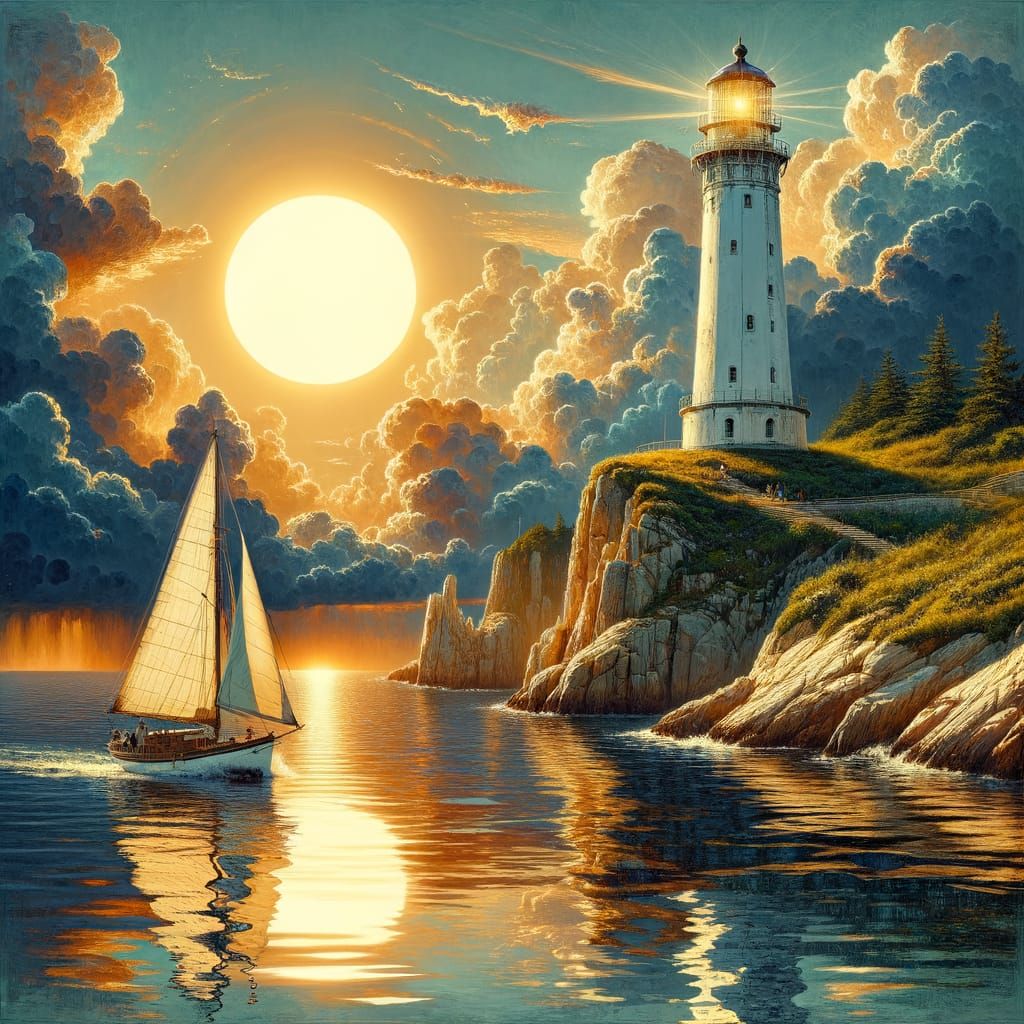Romantic Era Landscape with Lighthouse and Sailboat