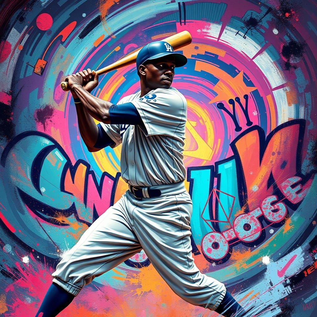 Powerful Baseball Legend in Vibrant, Anime-Inspired Graffiti