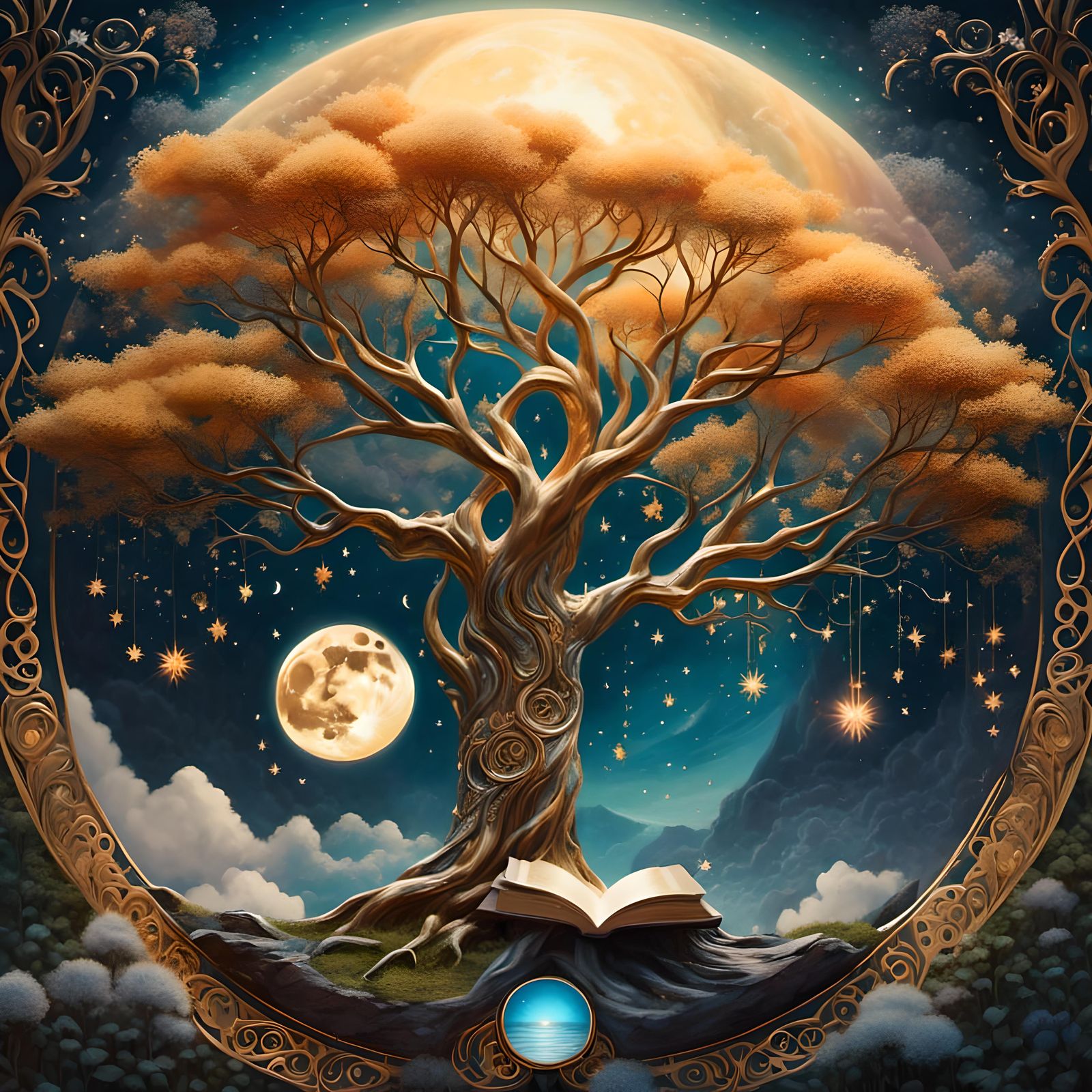 Moon and Sun Circle with Cloud Tree, Hyperrealistic Art