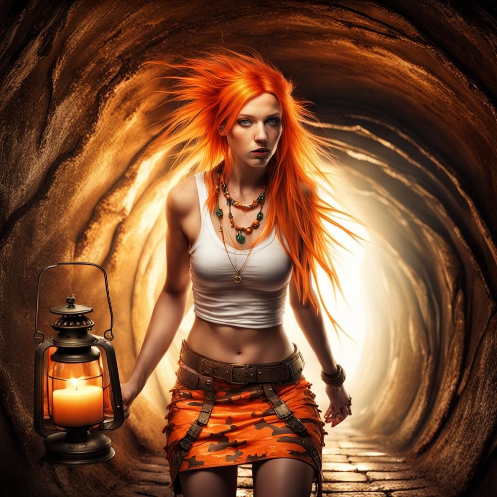 Woman with Lantern in Gem-Filled Tunnel