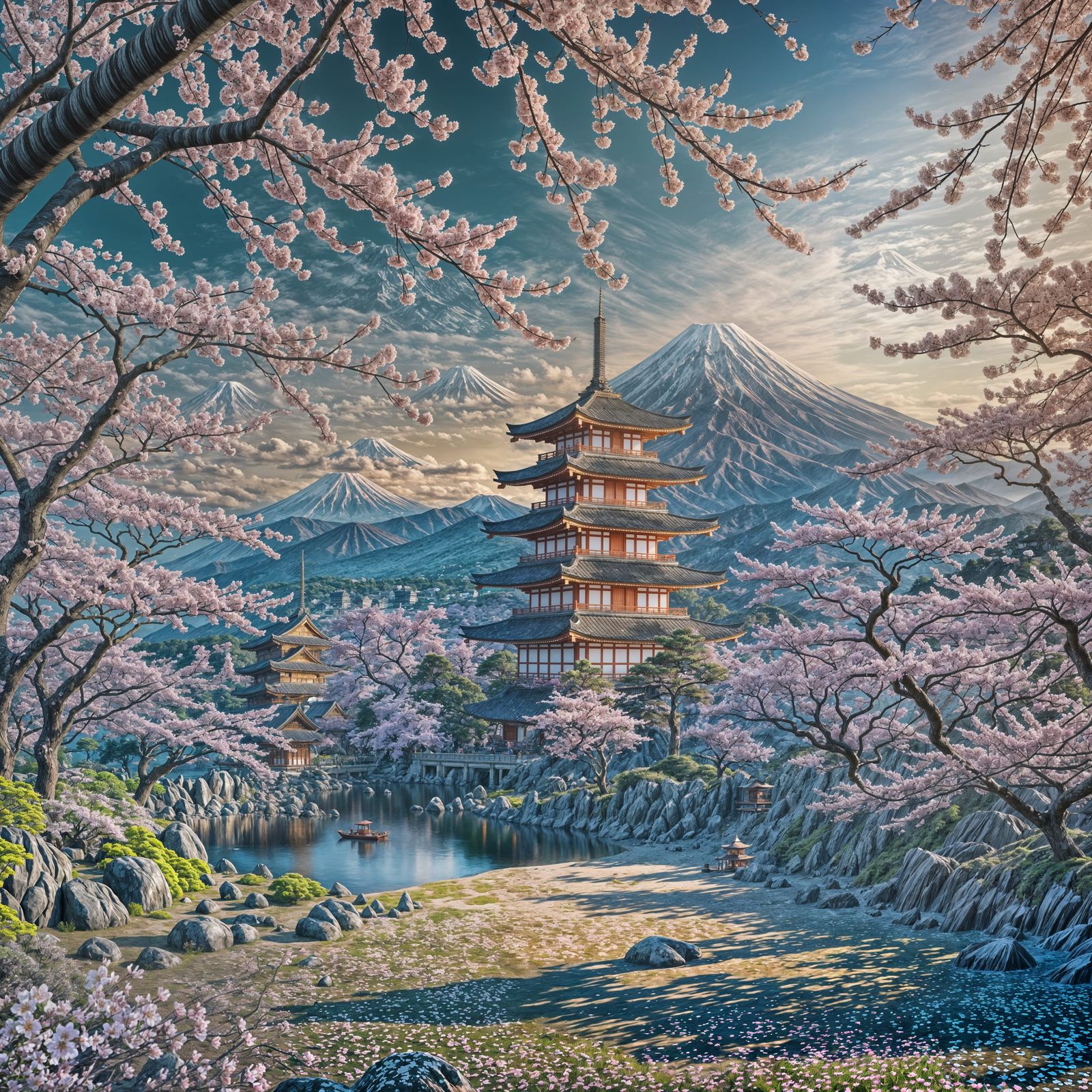 Mount Fuji Cherry Blossom Temple Matte Painting