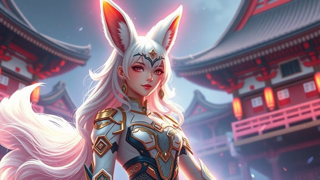 Cybernetic Fox-Woman in Futuristic Japanese Village