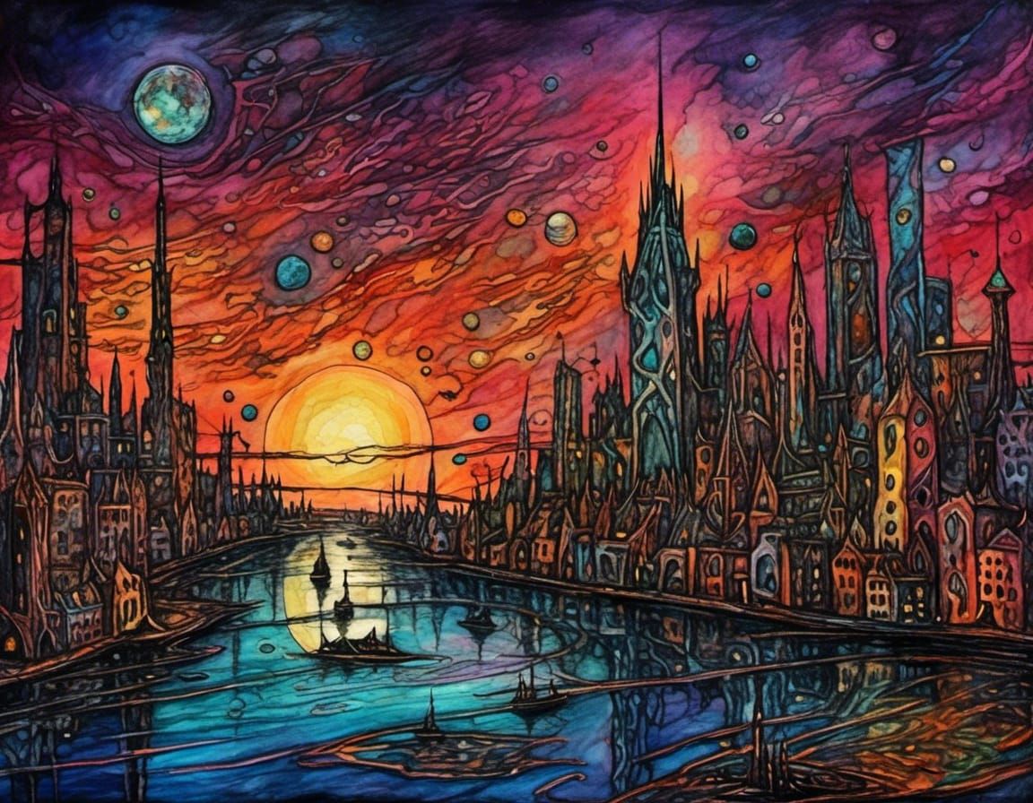 Alien Planet Cityscape with Non-Euclidean Architecture