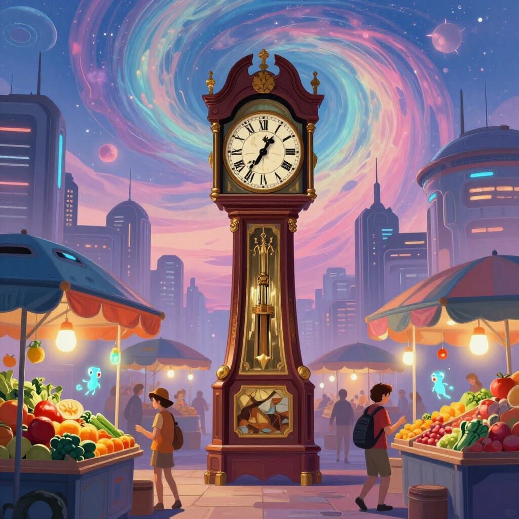 Grandfather Clock in Futuristic City Market at Twilight