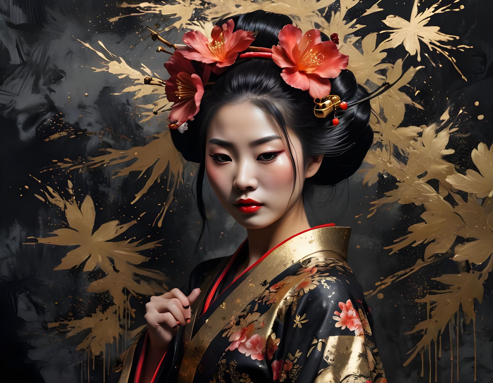 Beautiful Geisha-Inspired Oil Painting with Drip Technique
