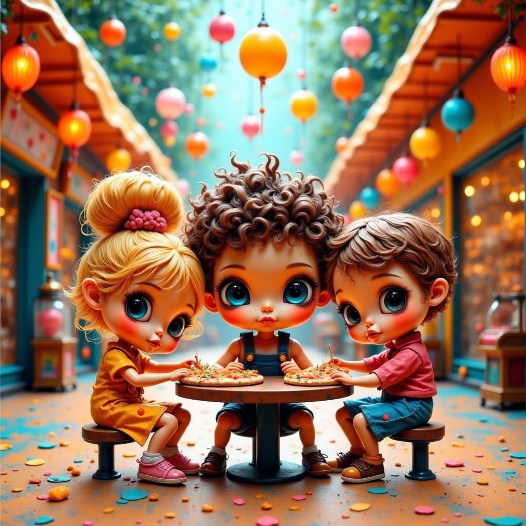 Chibi-Style Food Court Scene with Darling Dolls Enjoying Piz...