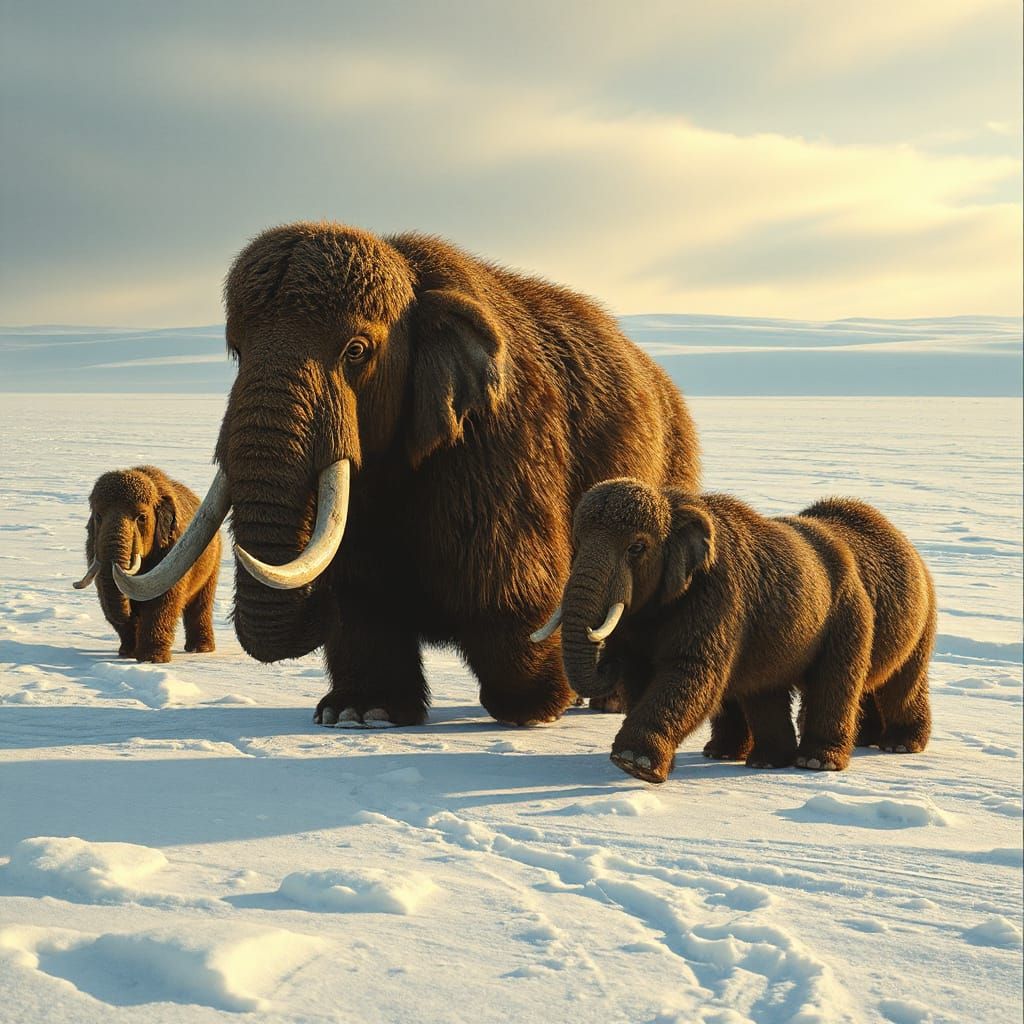 Woolly Mammoths Roaming Snowy Tundra in Hyperrealistic Style