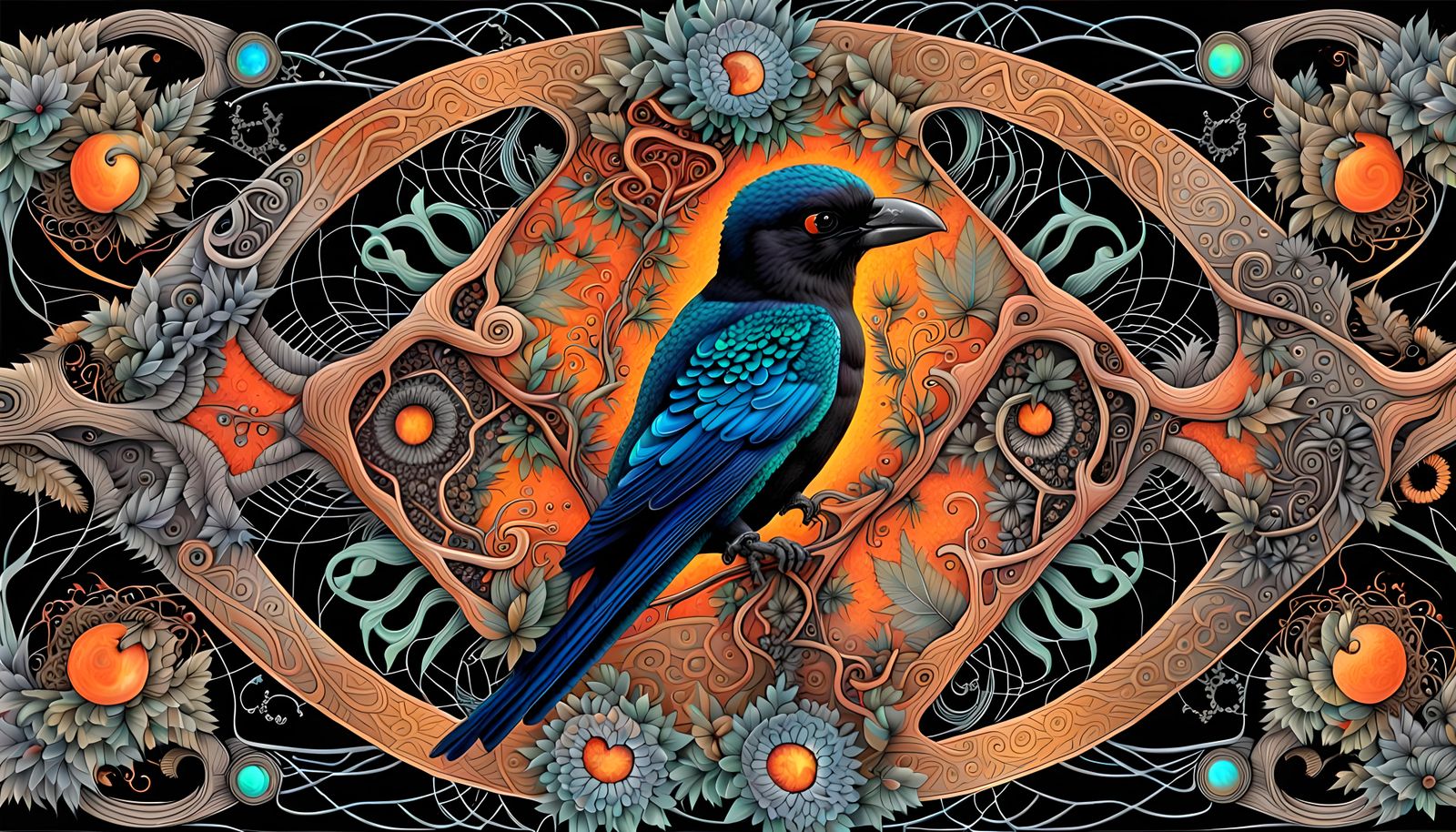 Spangled Drongo in Fractal Foliage with Ornate Details