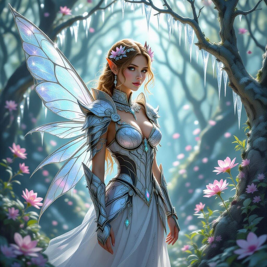 Crystal Armored Fairy in Glass Forest: Digital Art