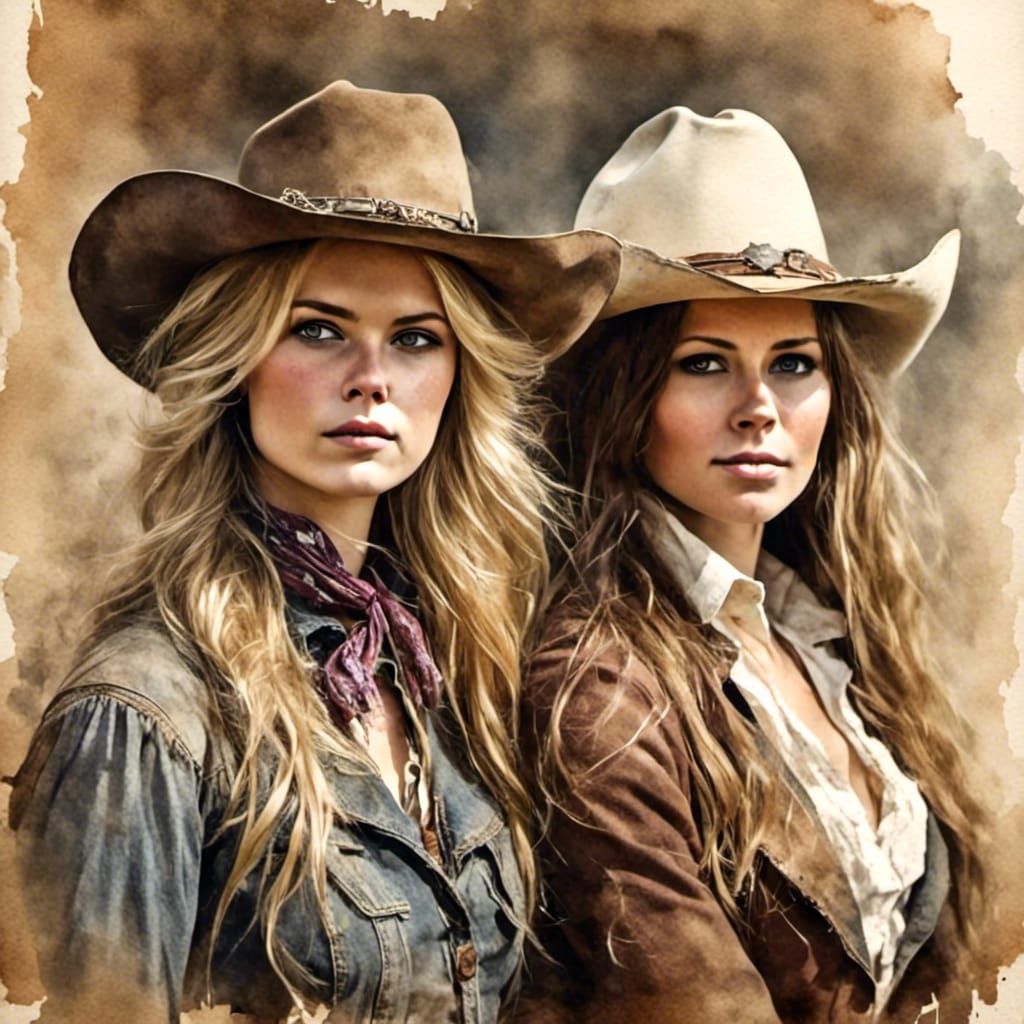 Cowgirl Outlaws in Antique Watercolor Style