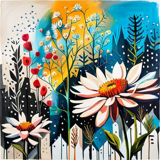 Mixed Media Flowers: Digital Art, Screen Print Style