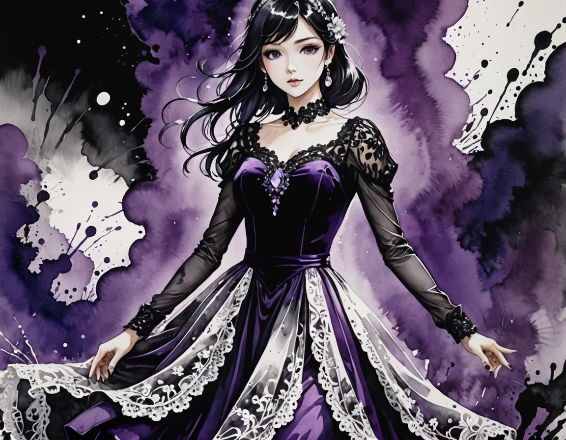 High Contrast Watercolor Figure in Purple Velvet Dress
