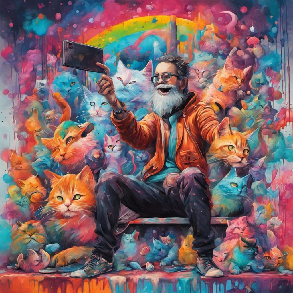 Man and Magical Cat Selfie in Graffiti Art