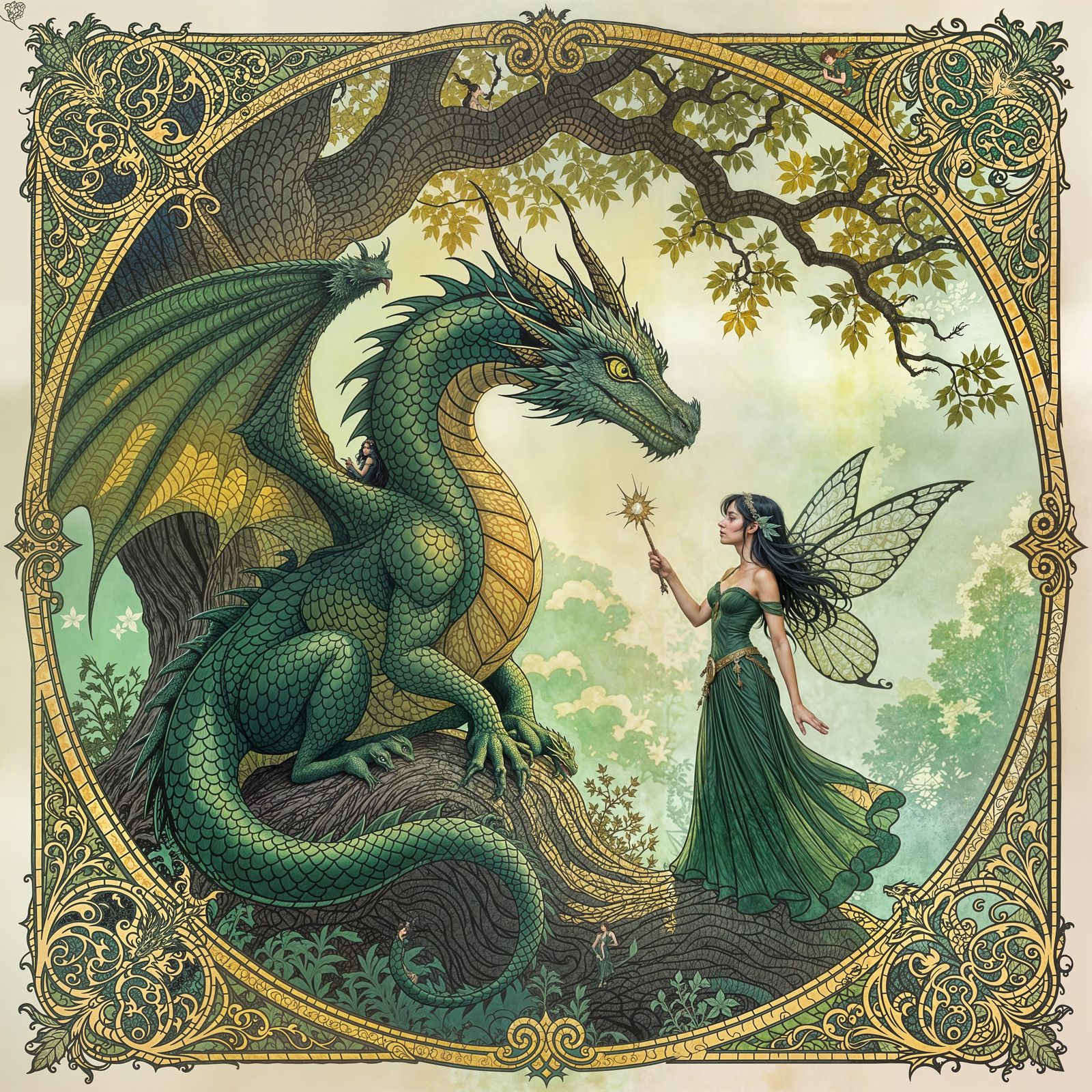 Green Dragon and Fairy in Enchanted Forest: Art Nouveau Styl...