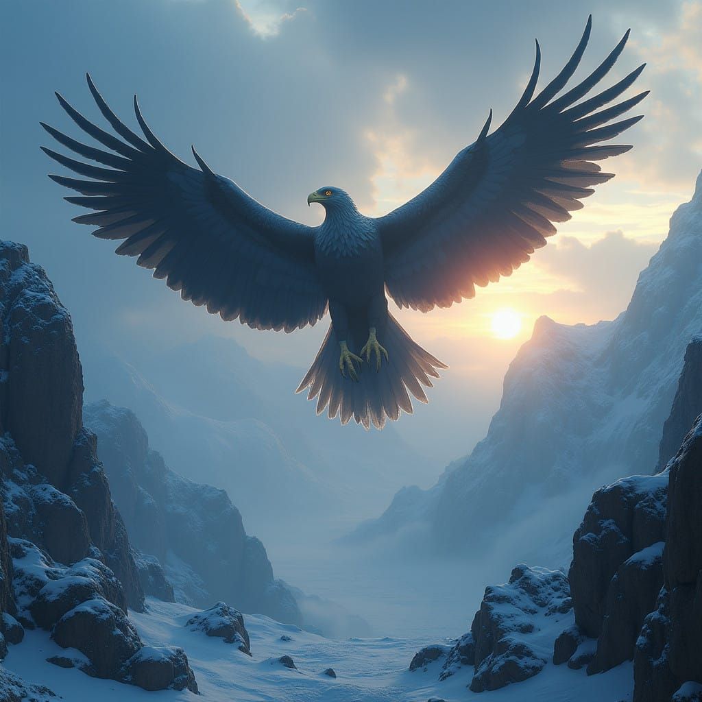 Mystical Eagle Soars Above Snow-Capped Mountains in a Myster...