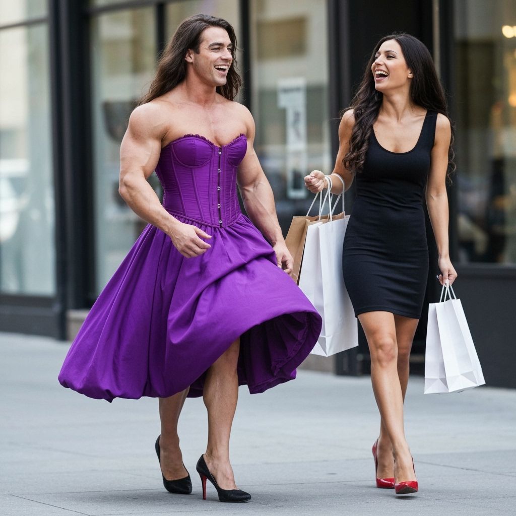 Muscular Man in Purple Dress with Girlfriend on Shopping Tri...