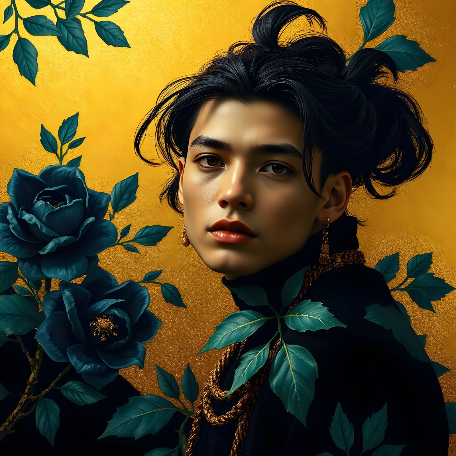 Modern Floral Mural with Luxurious Gold Accents