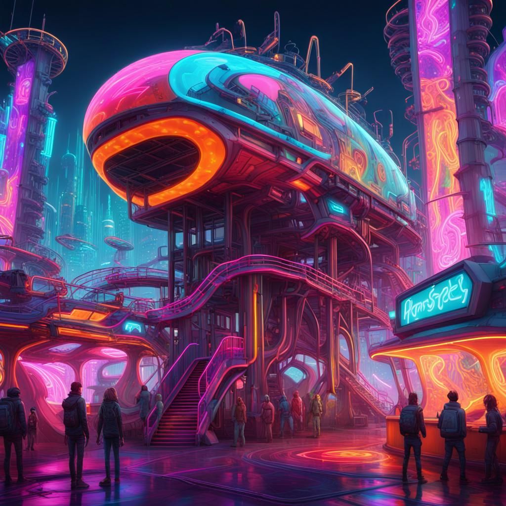 Neon Cyberpunk Theme Park With Graffiti Art