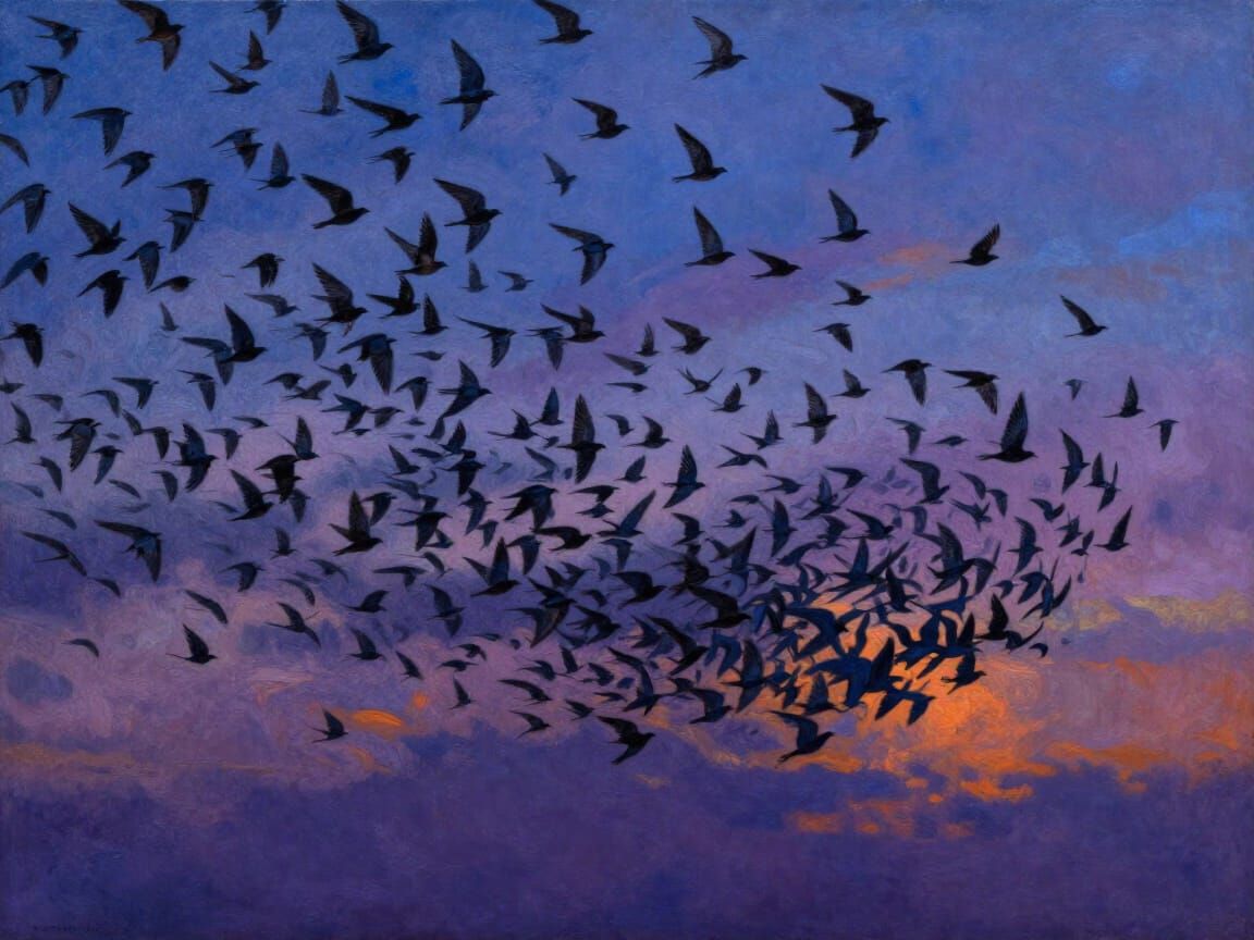 Surreal Oil Painting of Starling Murmuration in Twilight