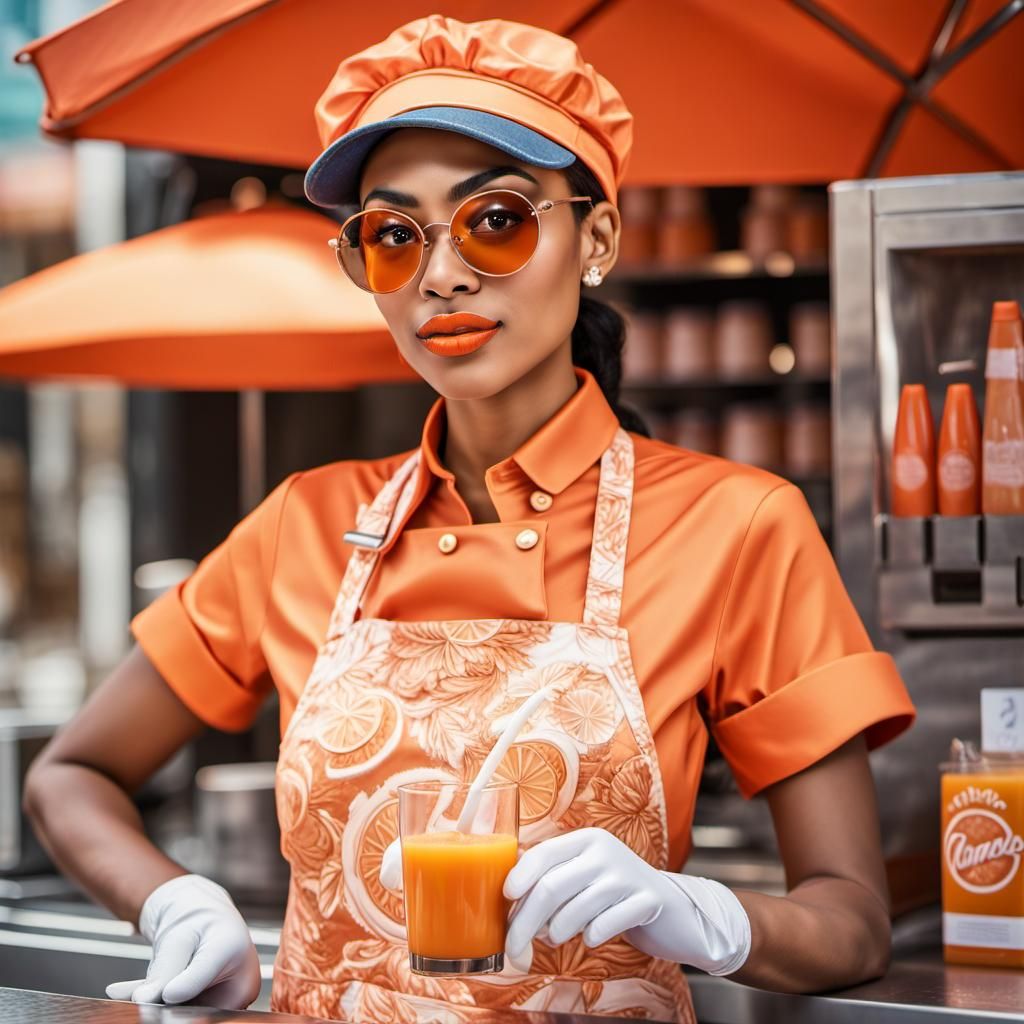 Barista in Orange at Juice Stand, Photorealistic Portrait