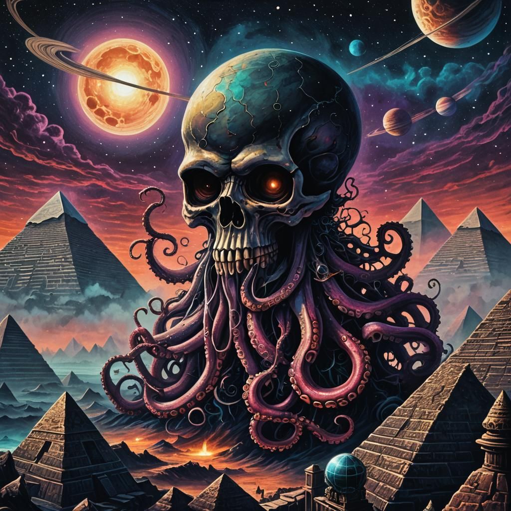 Skull Octopus with Cassette and Saturn in Pointillism Style