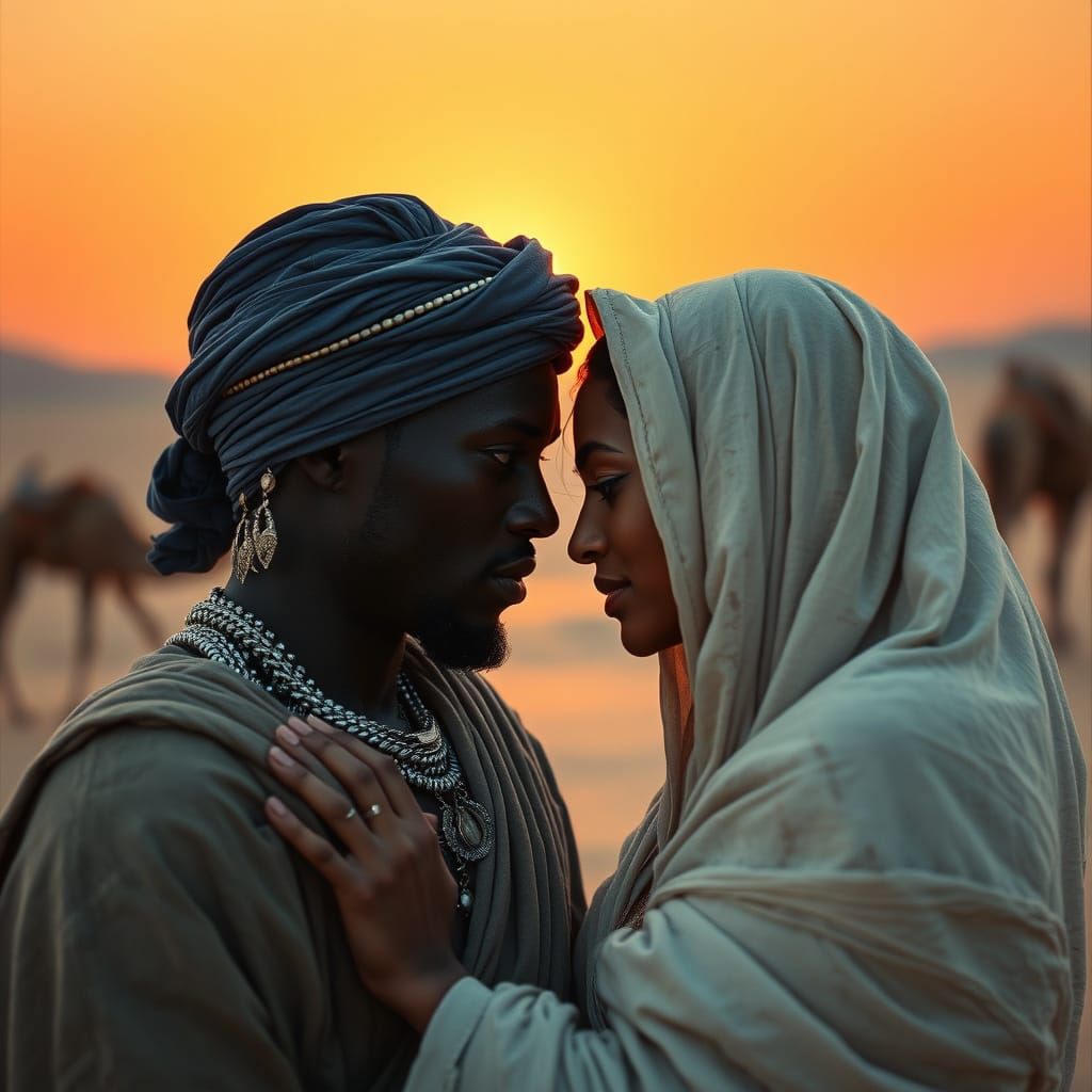 Tuareg Warrior and Captive Queen at Sunset