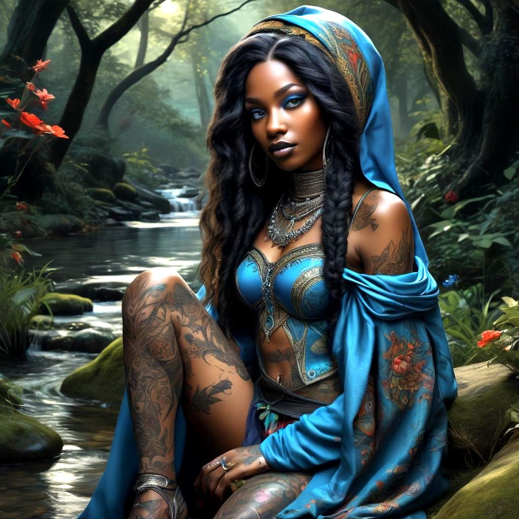 African Elf Goddess as Blue Riding Hood Portrait