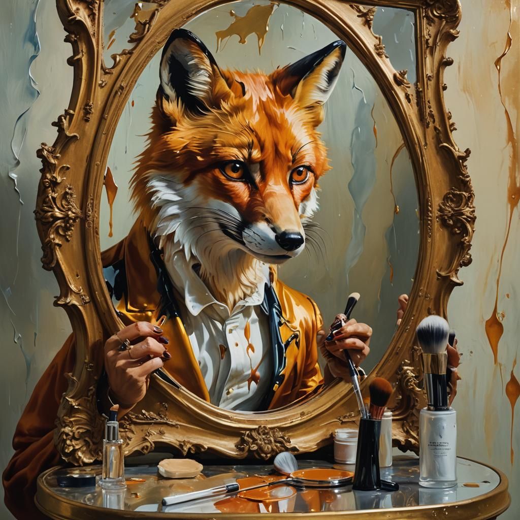Fox in Melting Mirror: A Surrealist Oil Painting