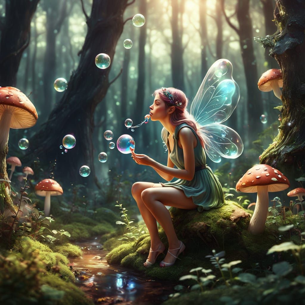 Fairy Blowing Bubbles in Lush Fantasy Forest