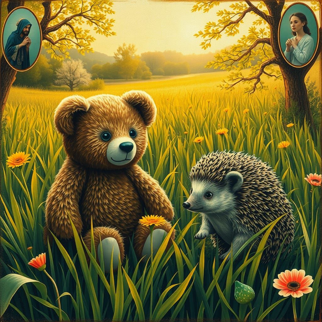 Teddy Bear and Hedgehog in Byzantine Pop Art Style