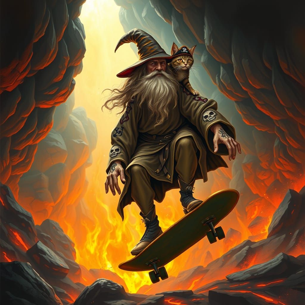 Gandalf Skates into Lava Cave with Pirate Cat