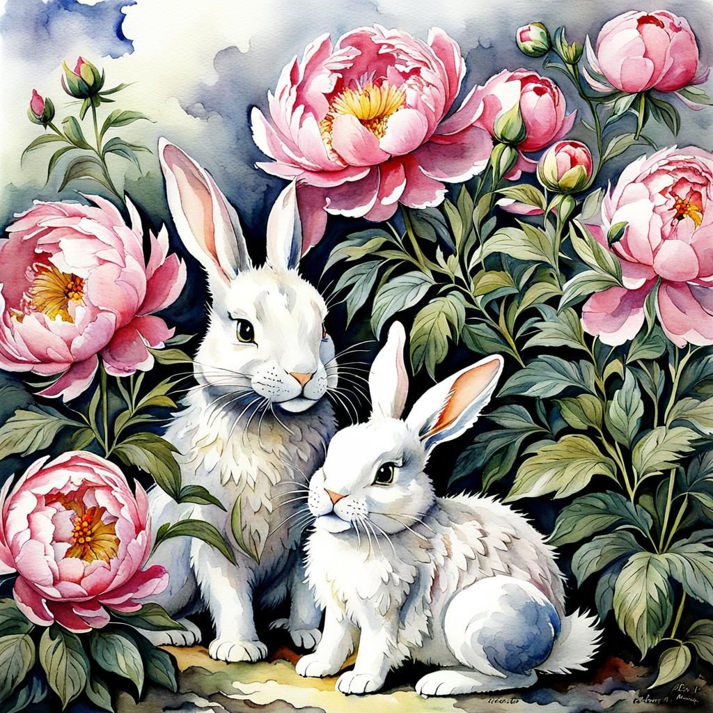 Dragon and Bunny Watercolor Illustration with Peonies