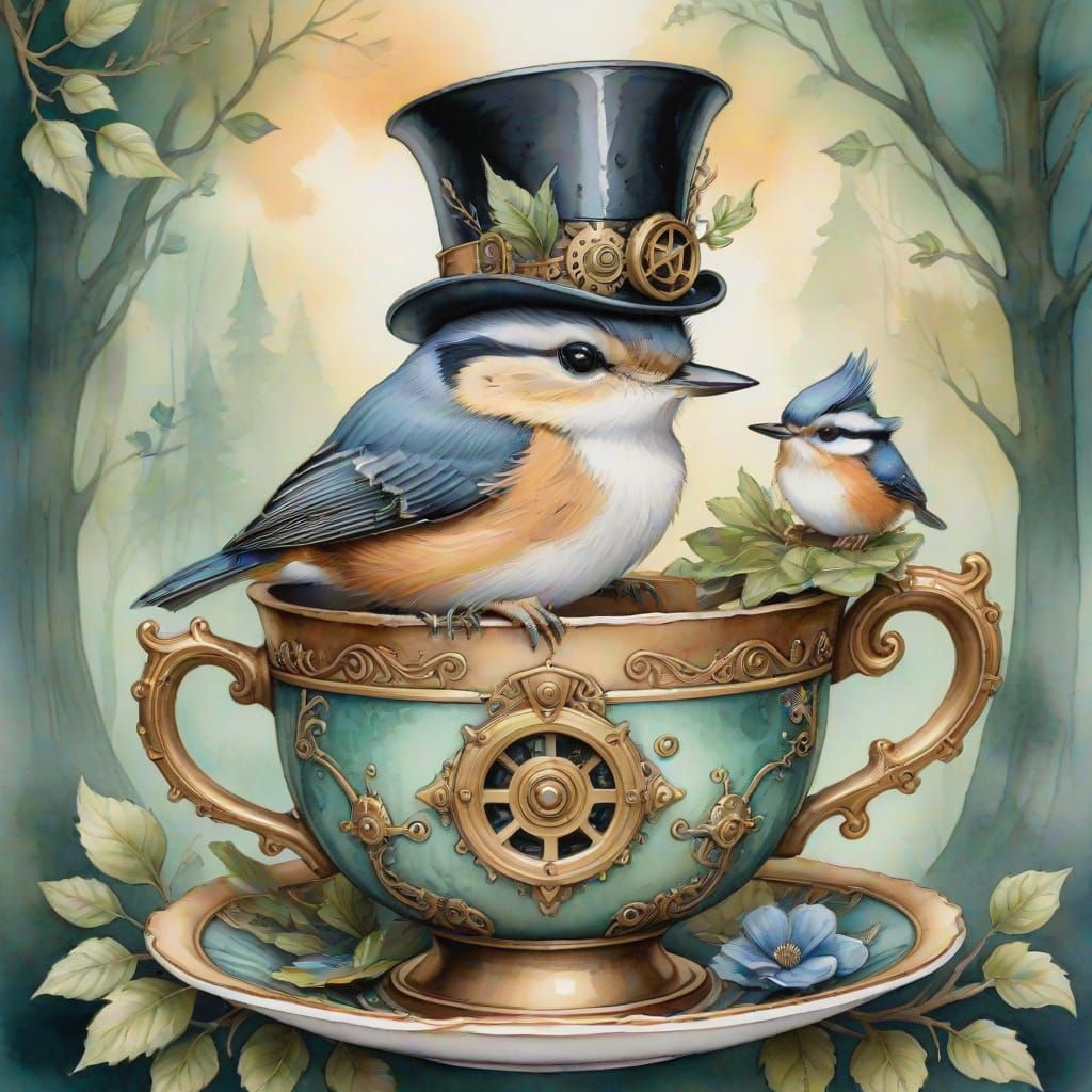 Steampunk Nuthatch in Teacup Watercolor Painting