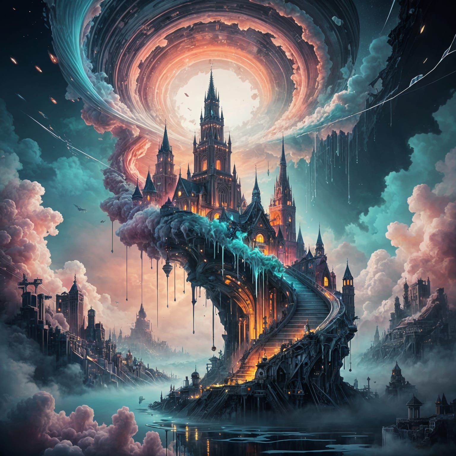 Ethereal Floating City of Pastel Dreams in Vector Art