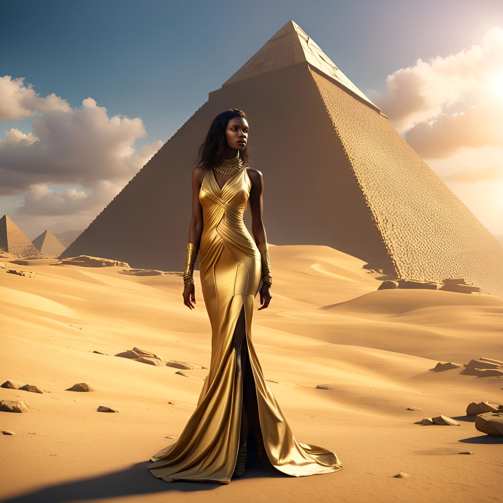 A supermodel wearing gold gown is standing at Giza Pyramid